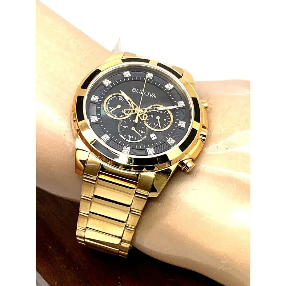 Bulova Men's Watch 97D121 Quartz Chronograph Diamond Black Dial Gold Steel 44mm